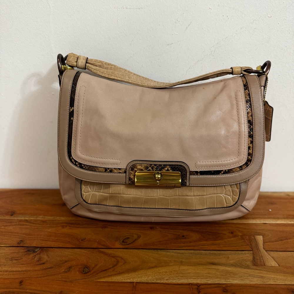 Coach Kristin Spectator Leather Flap Shoulder Bag in Pink Grey Animal Gold